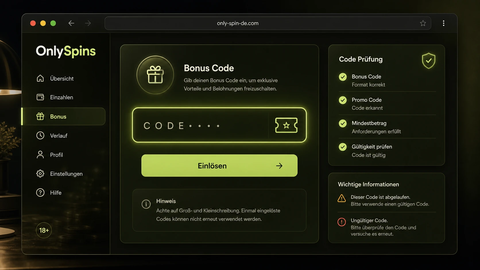 OnlySpins Bonus Code und Promo Code